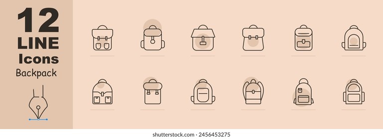 Backpack set icon. Rucksack, hike, travel, personal belongings, carry, school, sports, item of clothing and style, haversack, knapsack. Packsack concept.