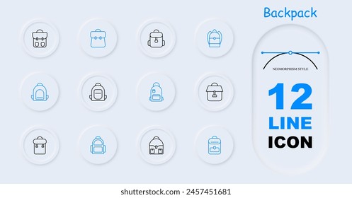 Backpack set icon. Rucksack, hike, travel, personal belongings, carry, school, sports, item of clothing and style, haversack, knapsack, neomorphism. Packsack concept.