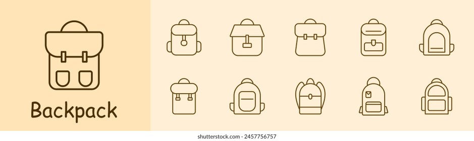 Backpack set icon. Rucksack, hike, travel, personal belongings, carry, school, sports, item of clothing and style, haversack, knapsack. Packsack concept.