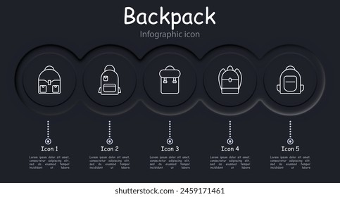 Backpack set icon. Rucksack, hike, travel, personal belongings, carry, school, sports, item of clothing and style, haversack, knapsack, infographic, neomorphism. Packsack concept.