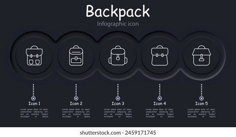 Backpack set icon. Rucksack, hike, travel, personal belongings, carry, school, sports, item of clothing and style, haversack, knapsack, infographic, neomorphism. Packsack concept.