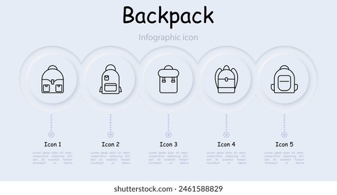 Backpack set icon. Rucksack, hike, travel, personal belongings, carry, school, sports, item of clothing and style, haversack, knapsack, infographic, neomorphism. Packsack concept.