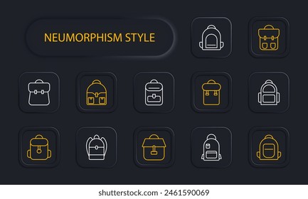 Backpack set icon. Rucksack, hike, travel, personal belongings, carry, school, sports, item of clothing and style, haversack, knapsack, neomorphism. Packsack concept.