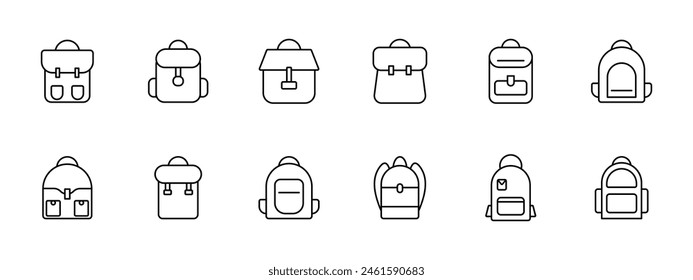 Backpack set icon. Rucksack, hike, travel, personal belongings, carry, school, sports, item of clothing and style, haversack, knapsack. Packsack concept.