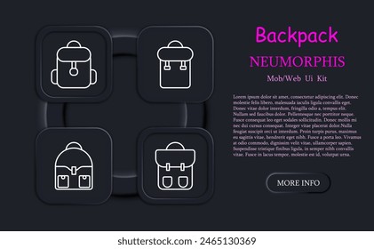 Backpack set icon. Rucksack, hike, travel, personal belongings, carry, school, sports, item of clothing and style, haversack, knapsack, neomorphism. Packsack concept.