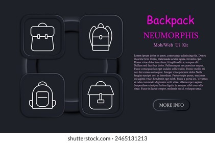 Backpack set icon. Rucksack, hike, travel, personal belongings, carry, school, sports, item of clothing and style, haversack, knapsack, neomorphism. Packsack concept.