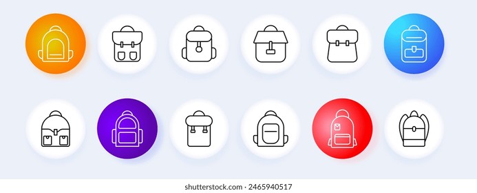 Backpack set icon. Rucksack, hike, travel, personal belongings, carry, school, sports, item of clothing and style, haversack, knapsack. Packsack concept.