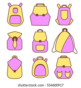 Backpack set. Stock vector illustration of rusksack city bag collection for students, tourists, hipsters. Flat style
