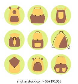 Backpack set. Stock vector illustration of rusksack city bag collection for students, tourists, hipsters. Flat style