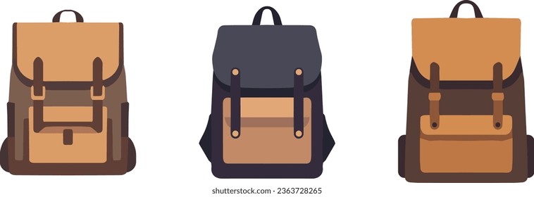 Backpack set vector illustration, flat black and brown backpack collection set vector icon isolated on a white background