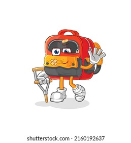 the backpack sick with limping stick. cartoon mascot vector