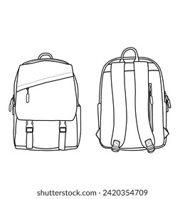 Mochila con bolsillos laterales, cremallera y hebillas. Modelo de simulación de dibujo de ilustración de dibujo plano.