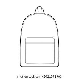 Rucksack-Silhouettenbeutel. Technische Illustration zum Mode-Accessoire. Vektorschülerbeutel-Frontansicht für Männer, Frauen, unisex-Stil, Flachhandtasche-CAD-Mockup-Skizze einzeln