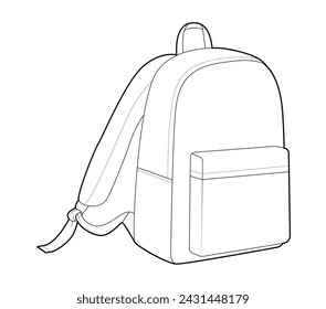 Backpack silhouette bag. Fashion accessory technical illustration. Vector schoolbag 3-4 view for Men, women, unisex style, flat handbag CAD mockup sketch outline isolated