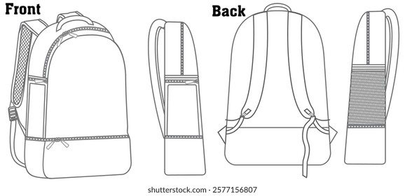 Backpack silhouette bag. Fashion accessory technical illustration. Vector schoolbag front, side 3-4 view for Men, women, unisex style, flat handbag CAD mockup sketch outline isolated