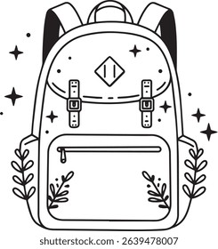 Backpack Silhouette Black and White Line Art with Leaves and Stars