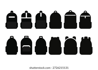 Backpack Silhouette Icon Set - Diverse Rucksack and School Bag Vector Illustrations for Travel, Education, and Outdoor Adventure