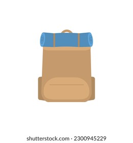 Rucksack mit Schlafsack einzeln auf weißem Hintergrund. Rucksack mit Schlafmatte zum Campen. Wohnung Knapsack für Tourismus. Cartoon, Vektorgrafik von Heuschnupfen für Reisen