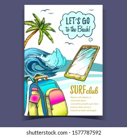Backpack, Smartphone, Palm And Wave Banner Vector. Mobile Phone, Ocean Wave, Tropical Tree And Birds On Beach Coastline Surf Club Colored Advertising Poster. Designed Flyer Illustration