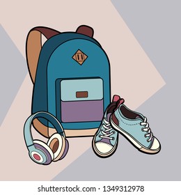 Backpack, sneakers and headphones vector isolated set. Youth fashion hipster rucksack, shoes illustration in minimalist style for logo, sign, poster, postcard, fashion booklet, flyer. Sport item logo.