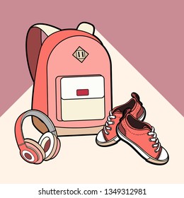 Backpack, sneakers and headphones vector isolated set. Youth fashion hipster rucksack, shoes illustration in minimalist style for logo, sign, poster, postcard, fashion booklet, flyer. Sport item logo.