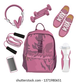 Backpack and sport accessories. Set. isolated on white background. Vector illustration.