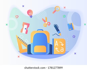 La mochila y el icono estacionario configuran el diccionario de la pluma de un empañador de regla de vuelta al concepto escolar con estilo plano.