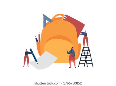 Backpack with stationary. People are prepearing to go to school. Flat vector illustration. 