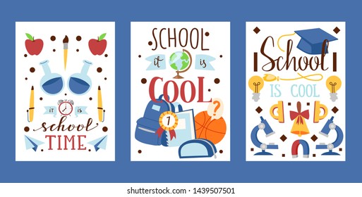 Backpack stationary set cards, posters vector illustration. Kids school backpack with education equipment. School supplies, colorful office accessories. Cool time. Microscope, globe.