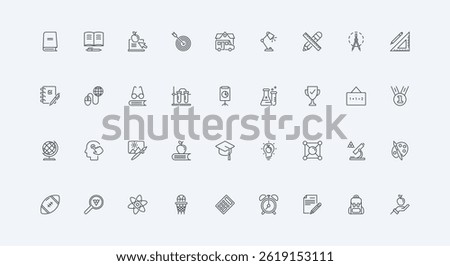 Backpack and stationery of student, teachers glasses blackboard of classroom thin black outline symbols vector illustration. School and university knowledge, education line icon set