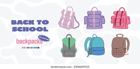 Backpack stickers. Set of school backpacks for teenagers. Teenagers bags in different colors. Doodle stickers back to school in cartoon style