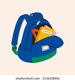 Backpack with study supplies. Back to school, colorful schoolbag with textbooks, copybooks and ruler. Hand drawn vector illustration isolated on white background. Modern flat cartoon style.