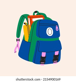 Backpack with study supplies and stationery, back to school. Colorful schoolbag with textbooks, pencil-box. Hand drawn vector illustration isolated on white background. Modern flat cartoon style.