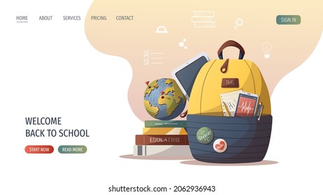 Backpack And Study Supplies. Studying, Education, Learning, Back To School, Student, Stationery Concept. Vector Illustration For Poster, Banner, Website.