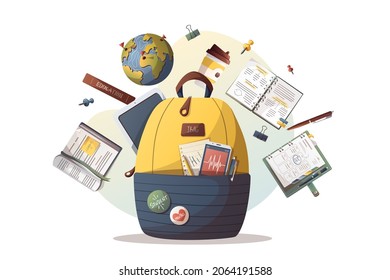Backpack and study supplies. Studying, education, learning, back to school, student, stationery concept. Isolated vector illustration for poster, banner, cover, advertising.