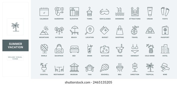 Backpack and suitcase for holidays, hotel and taxi, direction search, passport and restaurant thin black and red outline symbols vector illustration. Summer beach vacation and travel line icons set