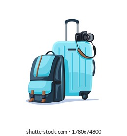 Backpack and suitcase isolated on white background. Things for a happy trip. Flat style. Vector illustration