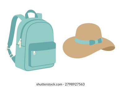 Backpack and summer hat, travel accessories, beach vacation items, blue.