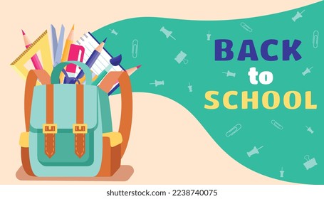 Mochila con banner de suministros. Elemento gráfico para el diseño de sitio web, invitación y tarjeta de felicitación. Festividad y festival, día internacional de la metáfora del conocimiento. Dibujo vectorial plano de dibujos animados