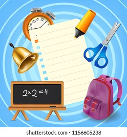 Backpack, supplies and blank paper sheet on blue background. School, offer or sale advertising design. For leaflets, brochures, invitations, posters or banners.