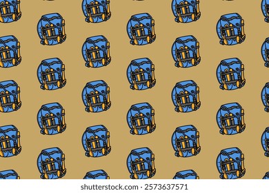 backpack with survival tools colorful doodle seamless pattern on brown background. retro backpack background. backpack illustration wallpaper. pattern background with outdoor backpack for adventure