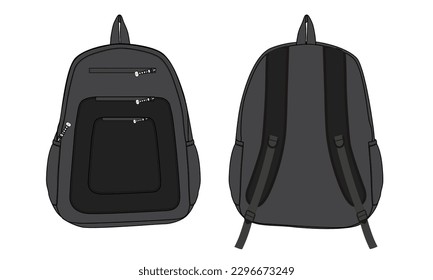 Mochila técnica de dibujo boceto plano plantilla de ilustración vectorial vista frontal y trasera aislada en fondo blanco