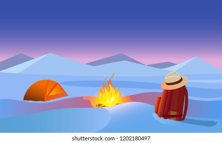 backpack Tent and a campfire area tourist mountain snowy winter vector illustration adventure.
