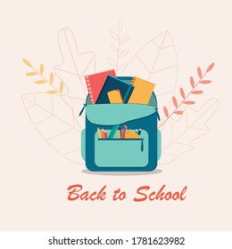 Backpack with textbook, pencil case, book, pencil,ruler and pen. Colorful back to school concept. Vector illustration.
