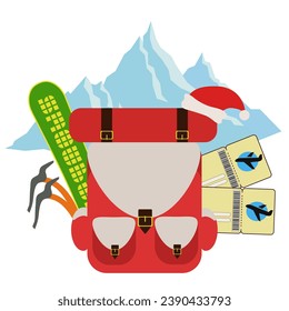 Backpack with tickets and ski equipment on white background