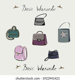 Backpack, tote bag, clutch, handbag. Fashion. The basic wardrobe of a minimalist. Isolated vector object. 