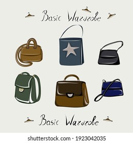 Backpack, tote bag, clutch, handbag. Fashion. The basic wardrobe of a minimalist. Isolated vector object. 