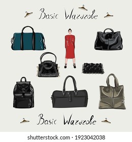 Backpack, tote bag, clutch, handbag. Fashion. The basic wardrobe of a minimalist. Isolated vector object. 