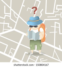 backpack tourist hold city map with a question of direction 