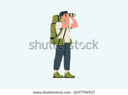 Backpack Tourist Looking Through Binoculars Vector — Travel Flat Style Vector Illustration